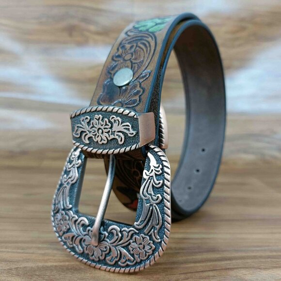 Premium Western Tooled Belt, Floral Rooster Belt for Unisex, Embossed Belt - Picture 2 of 12